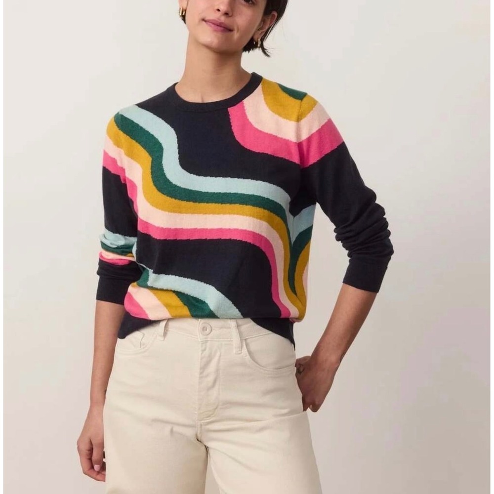 Marine Layer Icon Sweater Womens Small Midnight Rainbow Wavy Stripe Cotton